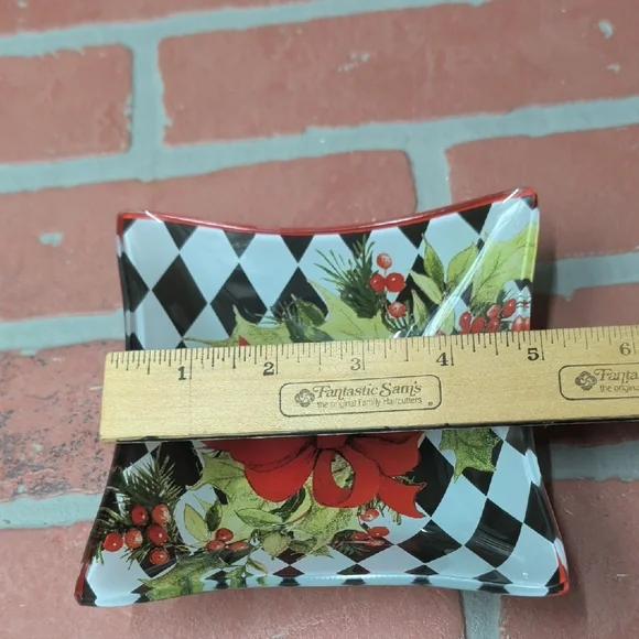Holiday Decorative Tray with Red Bow and Black-White Harlequin Pattern - Picture 3 of 5
